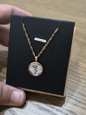 Necklace with Rose and White Pendant, Gold Color