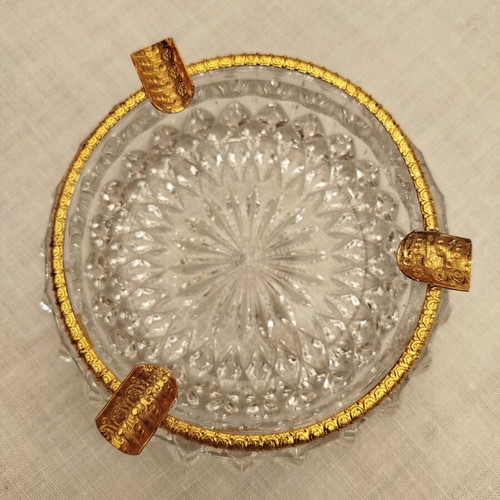 Vintage crystal ashtray with brass gold-plated rim, like new