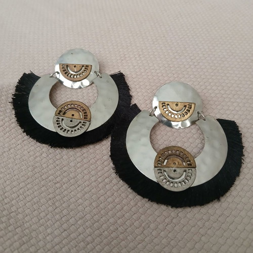 Statement boho ethnic earrings, black and silver