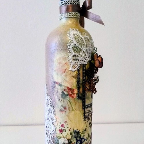 Handmade Decorative Sealed Wine Bottle Vintage Decoupage with Lace and Corset