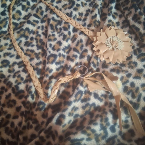 Boho belt used, beige synthetic leather with braided detail and flower