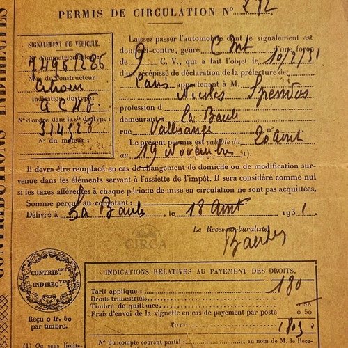 French 1931 Citroën car circulation permit like new
