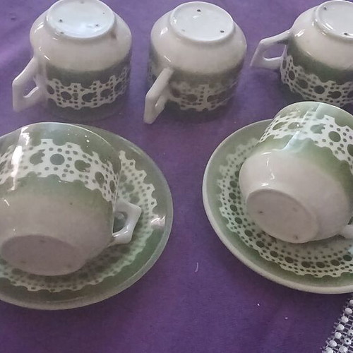 Greek coffee cups vintage, set of 6 cups and 2 saucers used