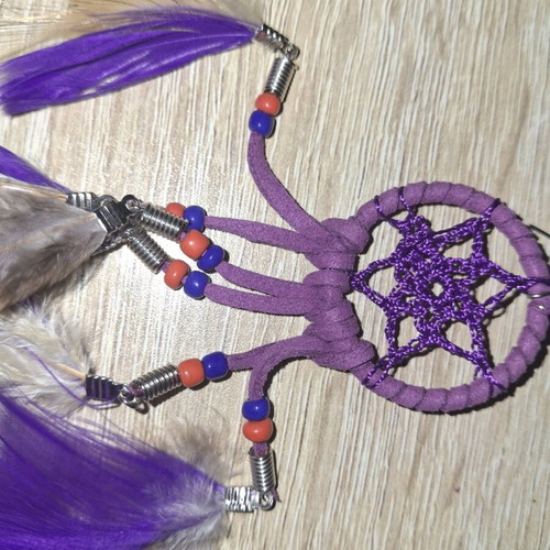 Handmade earrings with feathers and beads, new, purple and brown