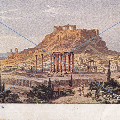 Athens postcard used with Olympian Zeus columns and Acropolis
