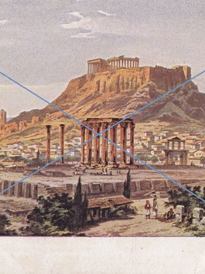 Athens postcard used with Olympian Zeus columns and Acropolis