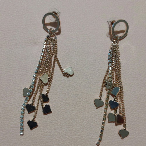 Dangling earrings with hearts and rhinestones like new, rose gold