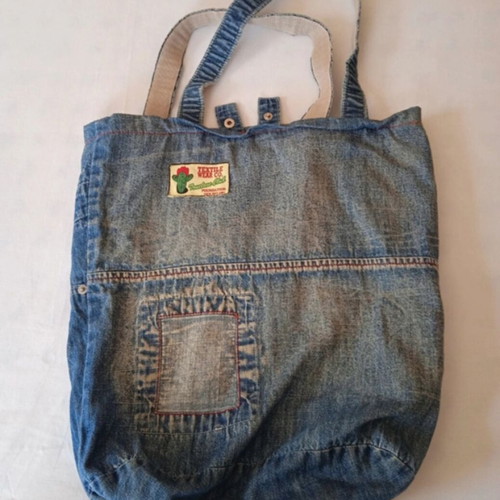 Handmade denim shoulder tote bag used, blue, cotton