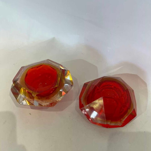 Murano crystal ashtray set 2 used, red orange shade 6x11x11