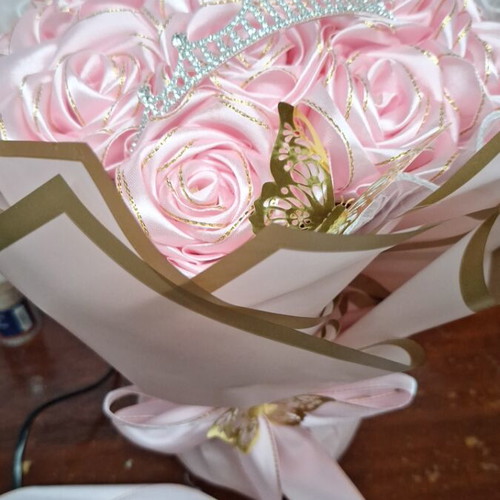 Handmade satin rose bouquet with tiara and golden butterflies
