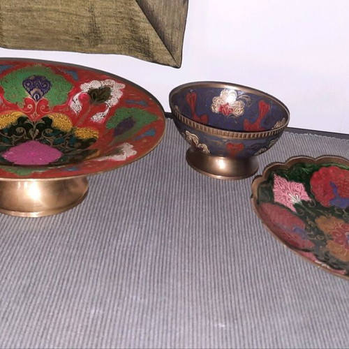 Cloisonné brass plates and bowl used, set of 3 pieces
