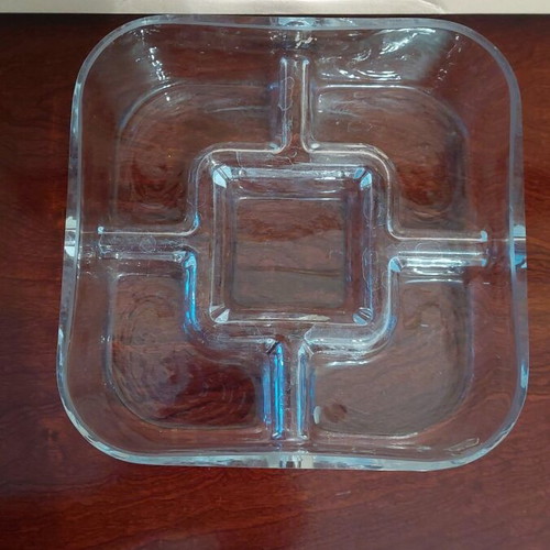Square minimal serving platter with 5 deep sections, thick glass 25x25 new