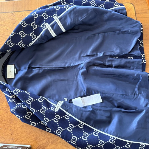 Gucci GG Jacquard Blazer Navy Ivory Wool Jacket Size 42