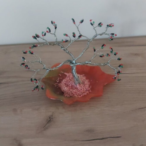 Decorative tree with wire and beads on orange leaf base new