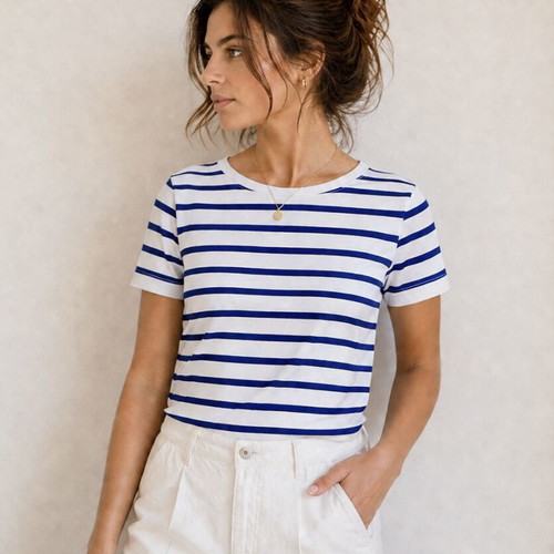Mango T-shirt XS like new, French nautical striped white-blue