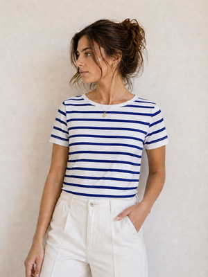 Mango T-shirt XS like new, French nautical striped white-blue