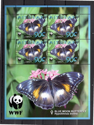 Γραμματόσημα Ωκεανία Aitutaki 2008 WWF Butterflies ασφράγιστα λουξ, 4 τεμάχια σε φυλλαράκι