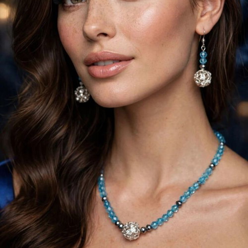 Blue crystal beaded elegant jewellery set new