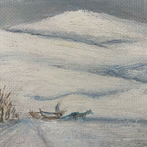 Oil painting used snowy landscape with frame and linen mat