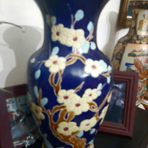 Chinese vase used, large with embossed blue decoration