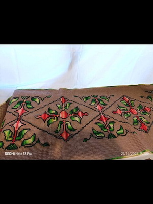 Handmade embroidered rug used, vintage 1960s