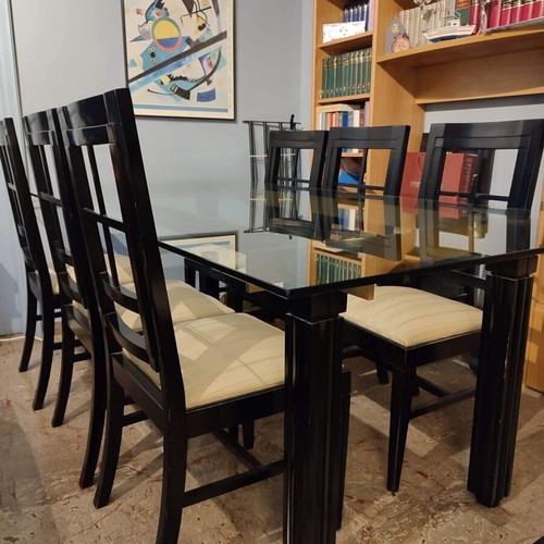 Varagkis dining set for 8, solid wood and glass