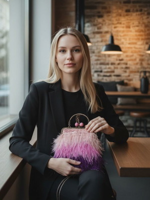 Χειροποίητη πλεκτή τσάντα vintage με φτερά σε μωβ και ροζ αποχρώσεις καινούργια