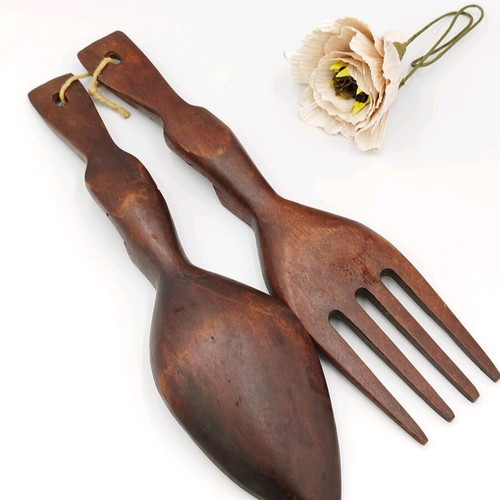 Mahogany utensil set used, handmade, tiki style
