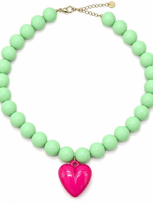 Necklace with green acrylic beads and fuchsia heart pendant, stainless steel clasp