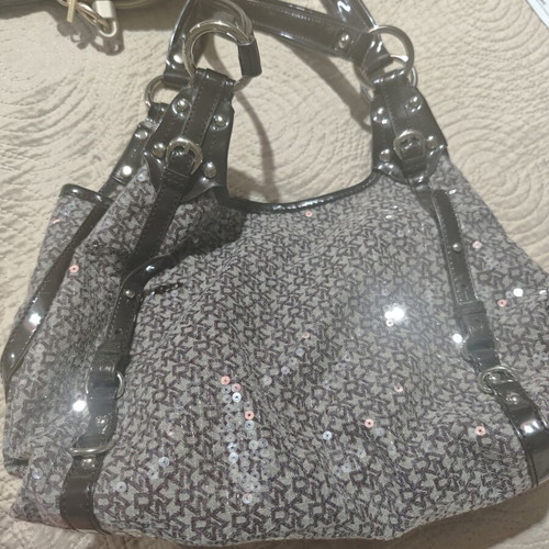 DKNY Vintage Y2K Sequined Monogram Shoulder Bag Like New Plum Brown