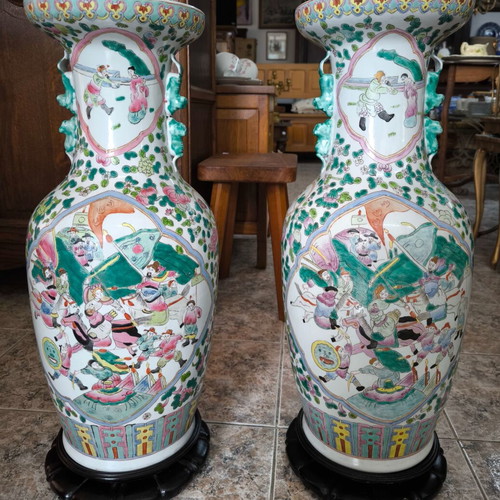 Pair of large Chinese porcelain vases with wooden stands, 1970s