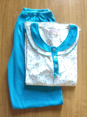 Women's pajama set used, turquoise and white, top and pants