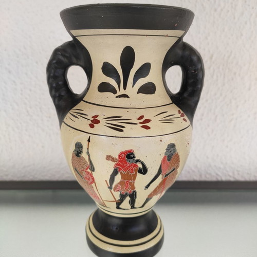 Decorative ancient Greek handmade amphora used, clay