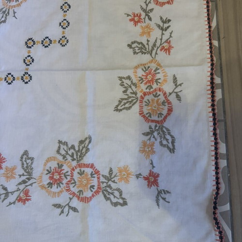 Handmade embroidered tablecloth with lace edging like new