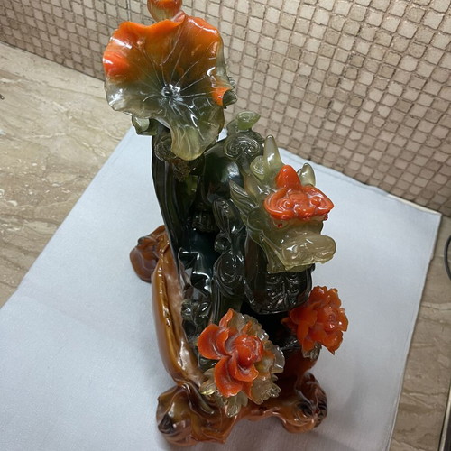 Feng Shui Pixiu Sculpture like new with Peony Flowers and Happiness Inscription
