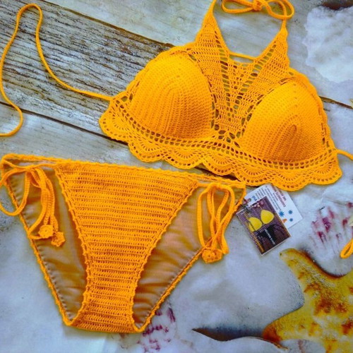 Handmade knitted swimsuit new, size M/L, yellow