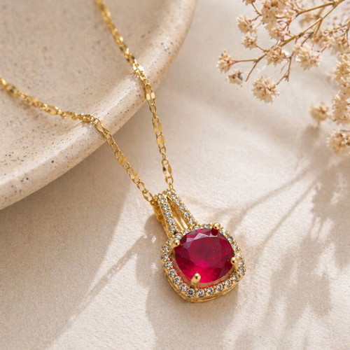 Women's gold necklace with red ruby stone and zircon new