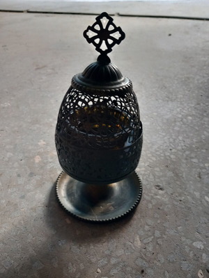 Candle holder with glass, used, height 19cm