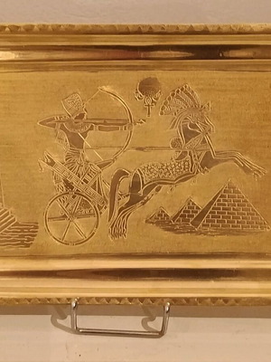 Egyptian brass vintage plate like new with carved scenes