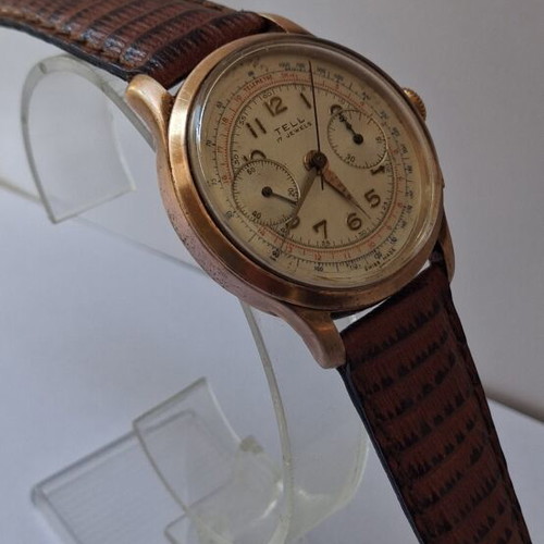 Tell 1950 mechanical chronograph watch used, beige and gold