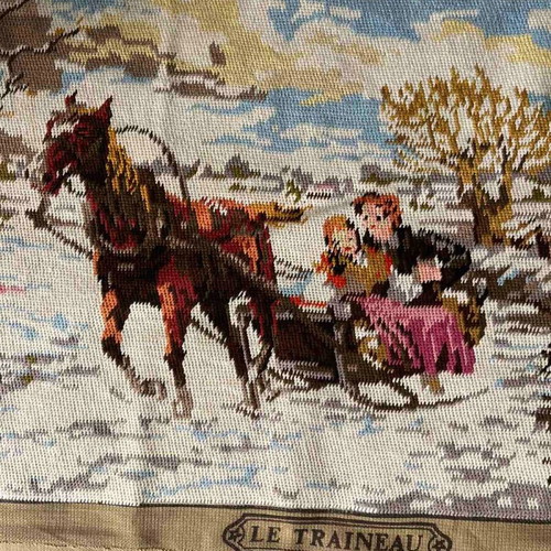 Handmade embroidered textile painting winter scene with horse