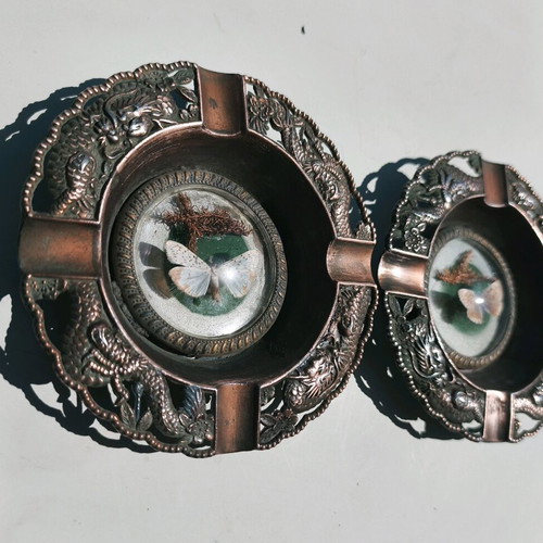 Copper ashtrays used with glass butterfly, 12 cm diameter