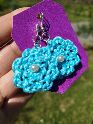 Handmade knitted earrings new, blue with pearl bead