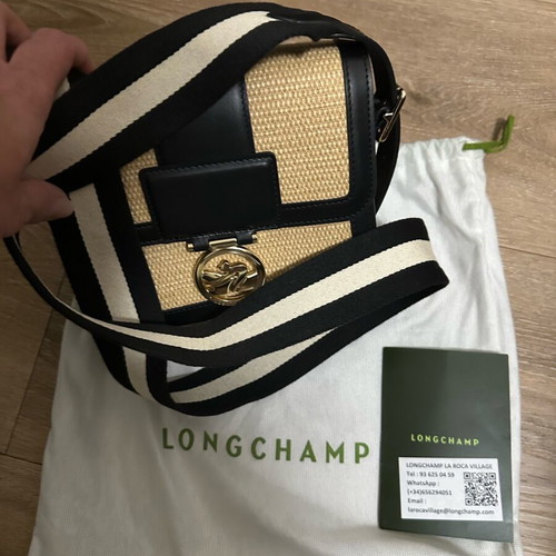 Longchamp cross bag with raffia and leather like new, black