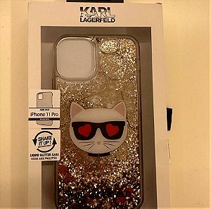 Θήκη κινητού iphone 11pro Karl Lagerfeld χρυσή διάφανη με glitter.