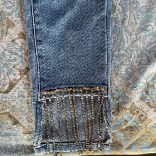 Skinny jeans with rhinestones and fringes like new, size XS, blue