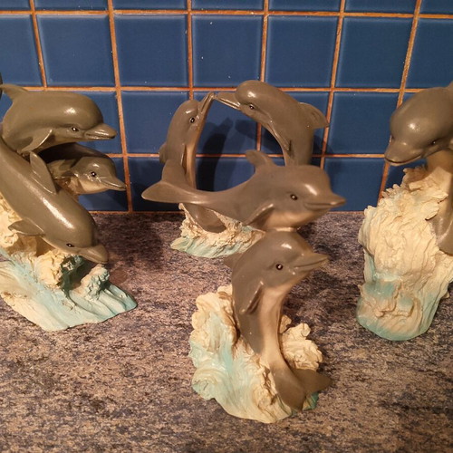 Dolphin Figures used, set of 4 ceramic wave decor