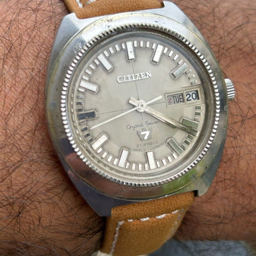 Citizen Crystal Seven watch used, men's, beige and silver