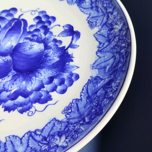 Faience platter used, large 32 cm plate with blue pumpkin design