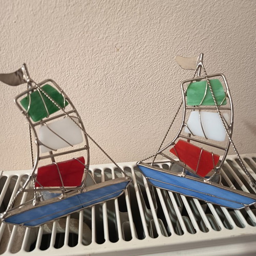 Set of 2 handmade candlesticks with stained glass sailboat design